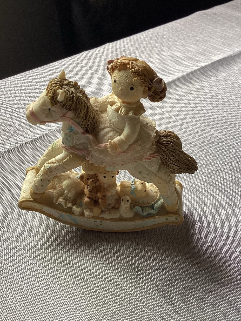 Vintage 90s Enesco Resin Figure Ragdoll on Rocking Horse